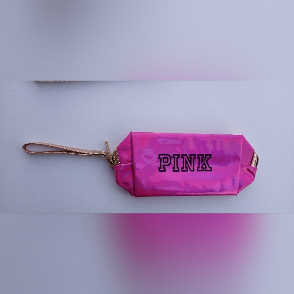 New PINK Victoria's Secret  Holographic Pink Cosmetic Bag Wristlet 7.5" x 7" x 4